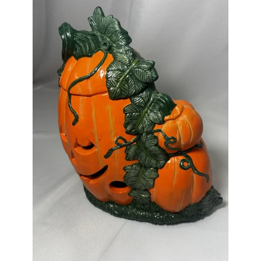 Vintage Ceramic Halloween Pumpkin With Ghost- Double Sided- Lights Up Cord